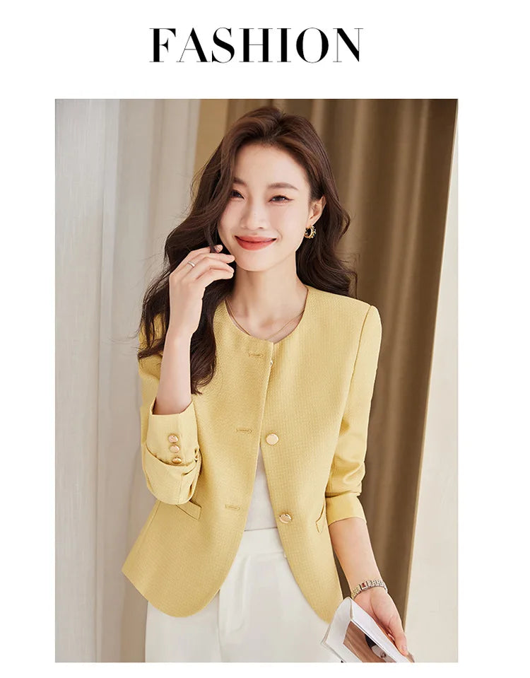 High quality blazer for women short jacket single breasted O neck spring autumn elegant office clothes pink yellow blue white