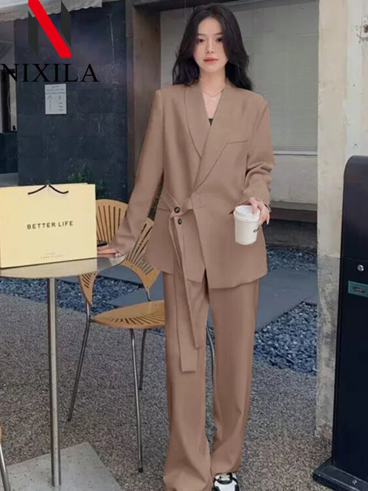 Women's Fashion Office Suit Set Casual Oversized Blazer And Wide Leg Pants Two-Piece Long Sleeve Top Bottoms Combo