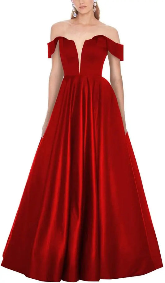 Ball Gown for Women Satin Dress Red Prom Dresses Long Off Shoulder V-Neck A-Line Formal Dress Women Elegant Evening Dress