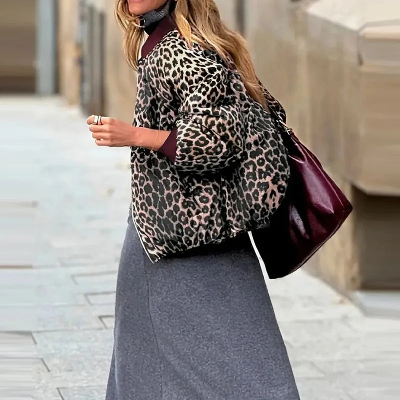 Winter New Streetwear Thick Cotton Coat 2025 Lady Fashion O-neck Long Sleeved Outerwear Leopard Print Double-sided Zipper Jacket