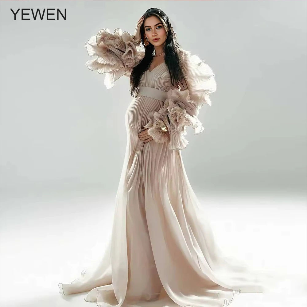 Maternity Dress for Pregnant Women for Photo Shoot V Neck Pleated Organza Long Flowy Maternity Dresses for Pregnant Photography
