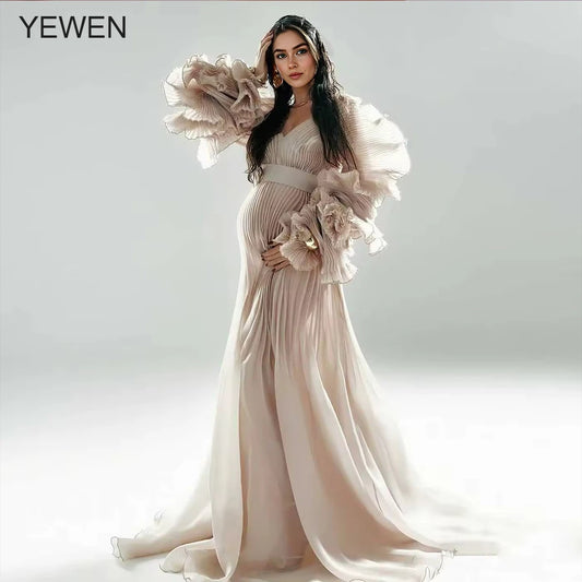 Maternity Dress for Pregnant Women for Photo Shoot V Neck Pleated Organza Long Flowy Maternity Dresses for Pregnant Photography