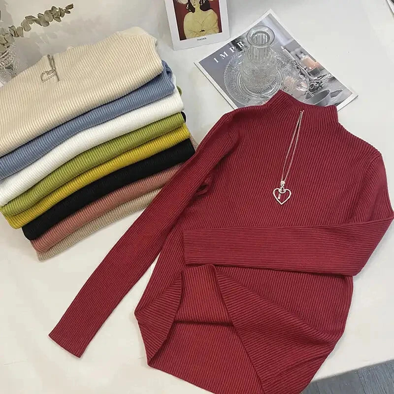 Sweater Women's Autumn and Winter New Semi-turtleneck Love Zipper Core-spun Yarn Bottomed Knitted Sweater Thermal Top