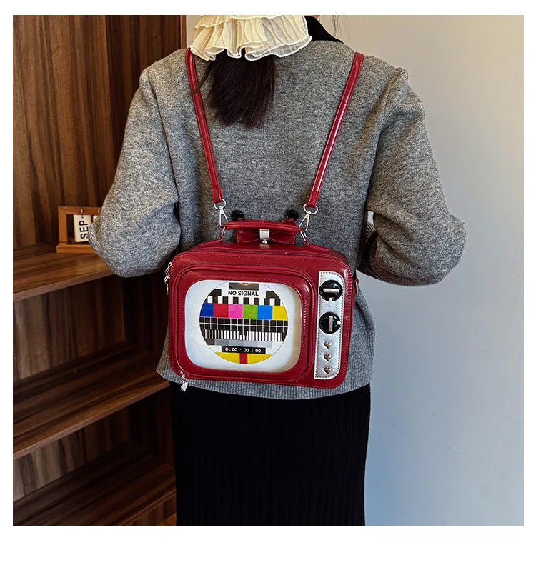 Cartoon Cute Handbags for Women Funny Retro TV Transparent Square Bag Fashion Leather Personalized Creative Shoulder Bag Woman