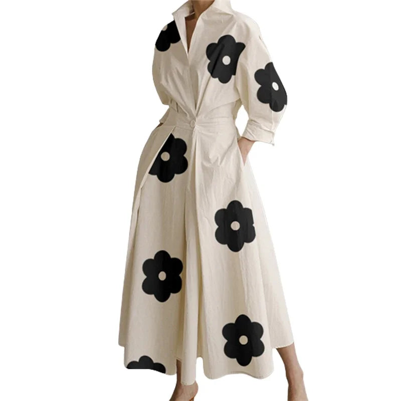 Women Stylish Floral Printed Lapel Elegant Party Evening Dress 2024 New Spring Long Sleeve Pleated A-Line Midi Dresses