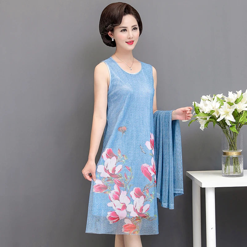 Elegant Dresses Women NEW Summer Casual Retro Temperament printing two Piece Set Dress Mother Dress plus Size