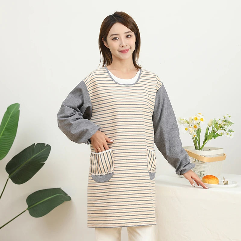 Fashionable Striped Apron For Home Kitchen Cooking Long Sleeved Women's Cute Anti Stain Work Dining Work Clothes Smock