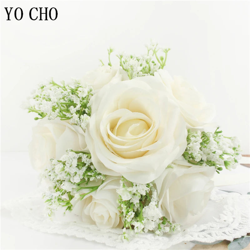 Bridal Bridesmaids Bouquets with Bowknot Ivory Roses Silk Flowers Bouquet for Valentine's Day Marriage Wedding Bride Photography