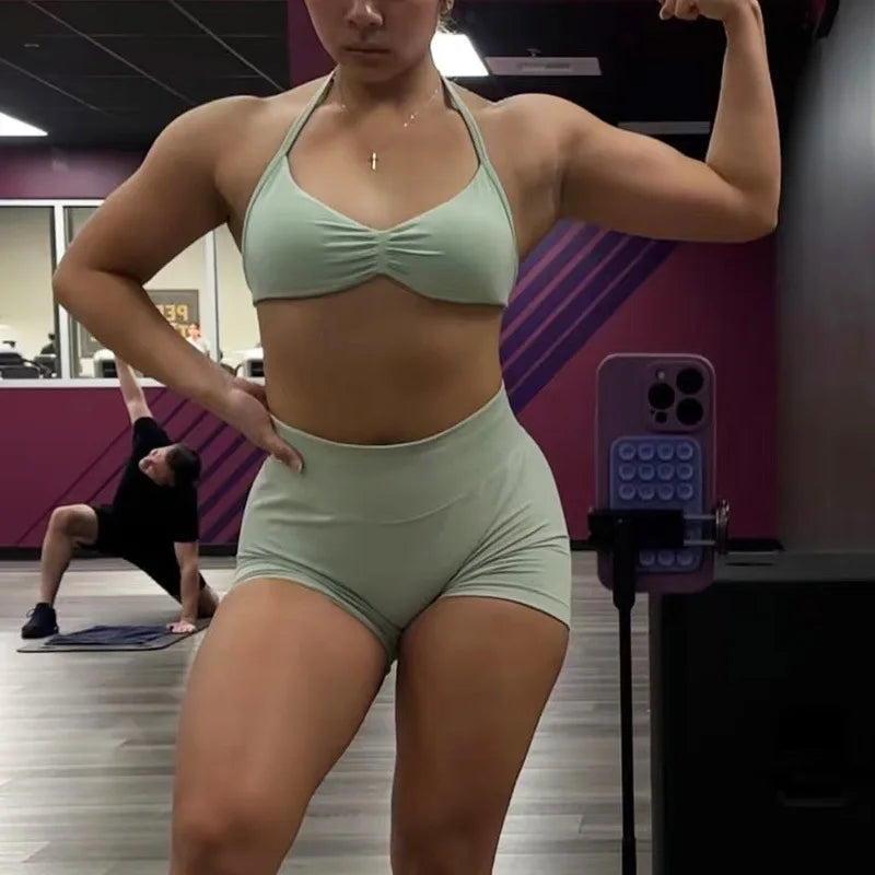 Strappy Bra Top Women High Support Thin Strap Halter Sport Seamless Bras Scrunch Workout Yoga Tank