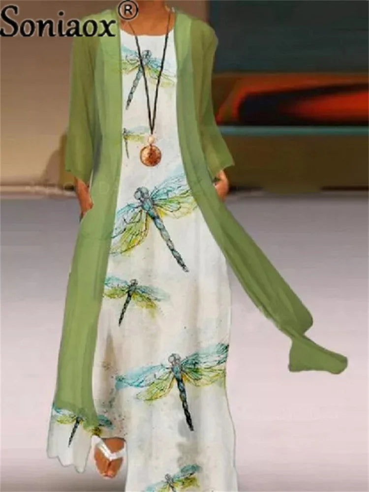 New Two-Piece Set Lady Flower Print Sleeveless Maxi Dress With Cardigan Hot Clothes Women 2025 Summer Boho Elegant Dresses Coat