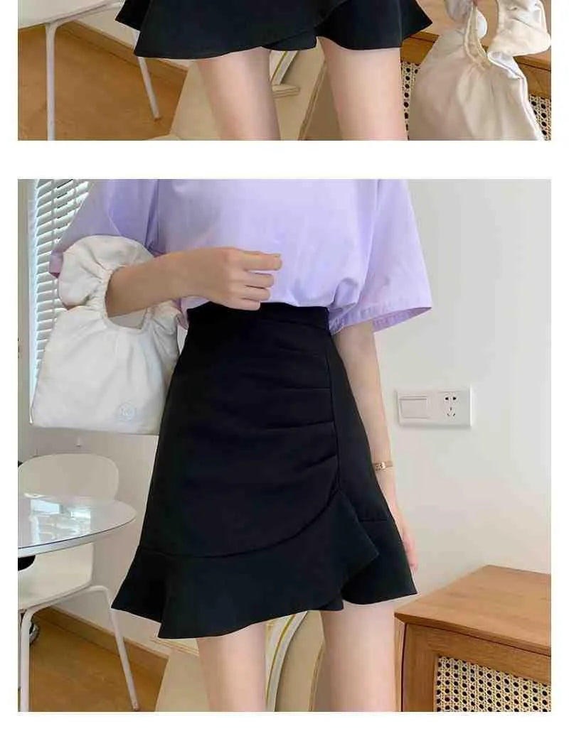 Irregular High Waist Skirts for Female Summer New Korean Fashion All-match Bag Hip A-Line Solid Color Ruffles Spliced Mini Skirt
