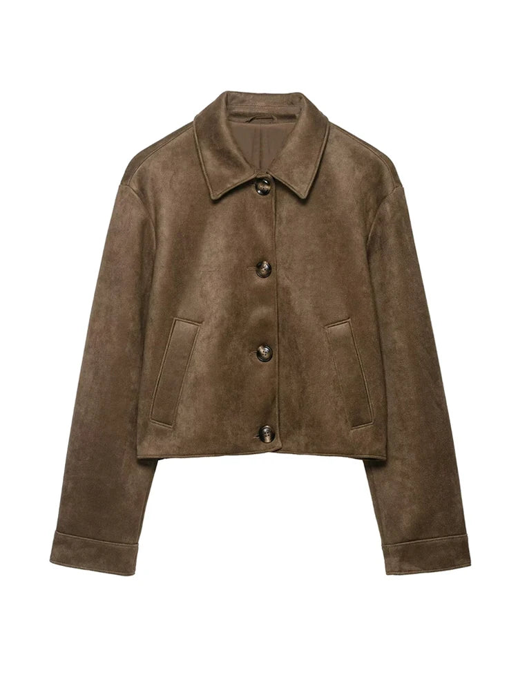 Women Fashion Faux Suede Jacket Coat Long Sleeve Button-up Female Outerwear Chic Tops