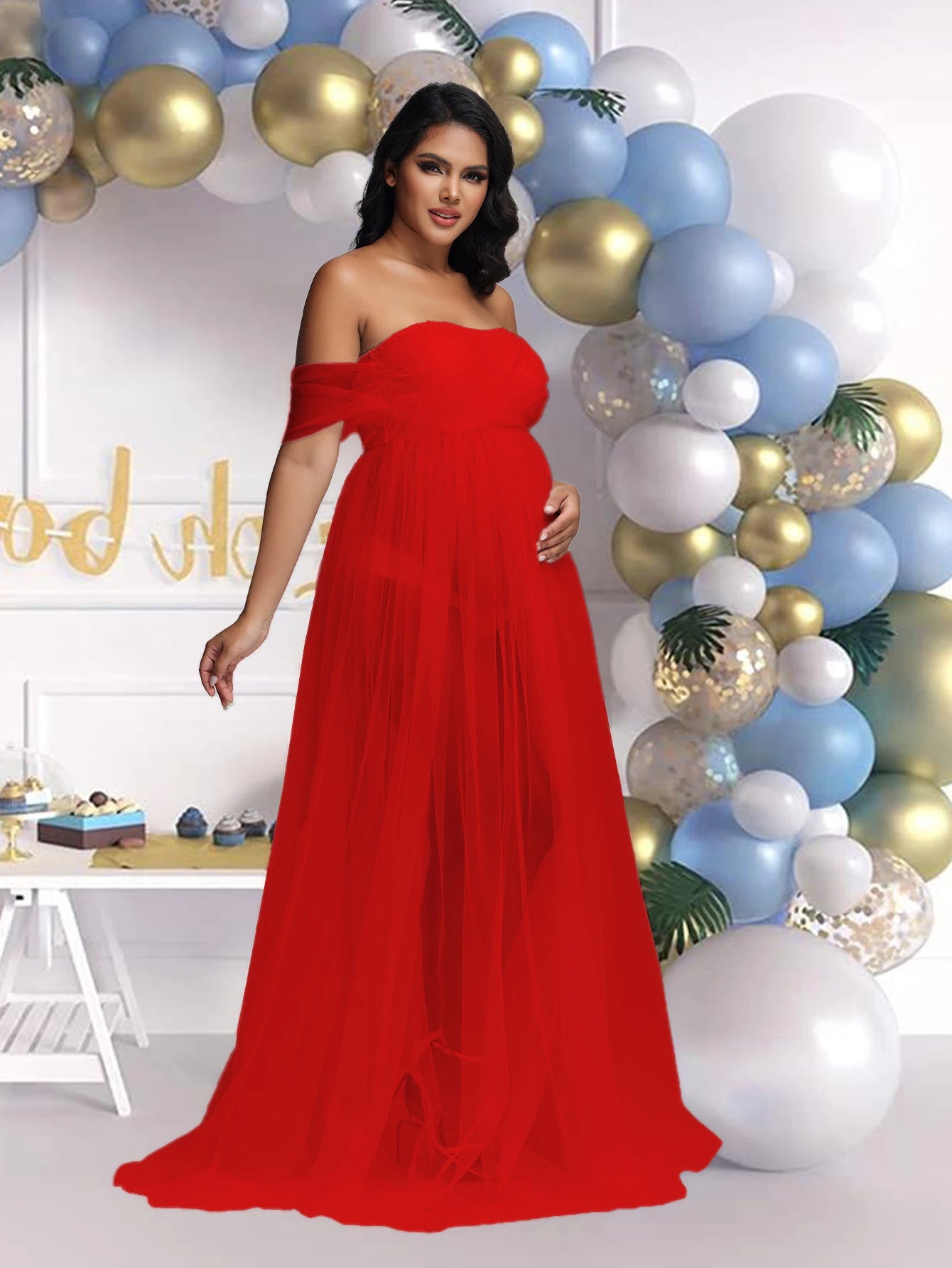 Pregnancy Dresses Maternity Photo Shoot Maxi Gown Off Shouder Lace Mesh Women Clothing for Baby Shower Photography Props