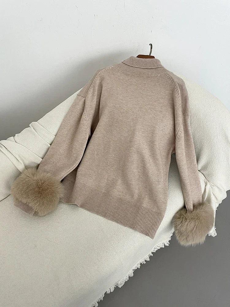 Sweater Women 2024 Autumn Winter Fashionable Sweaters with Real Fox Fur Sleeves Slim Fit Sweaters Fur Knitwear England Style