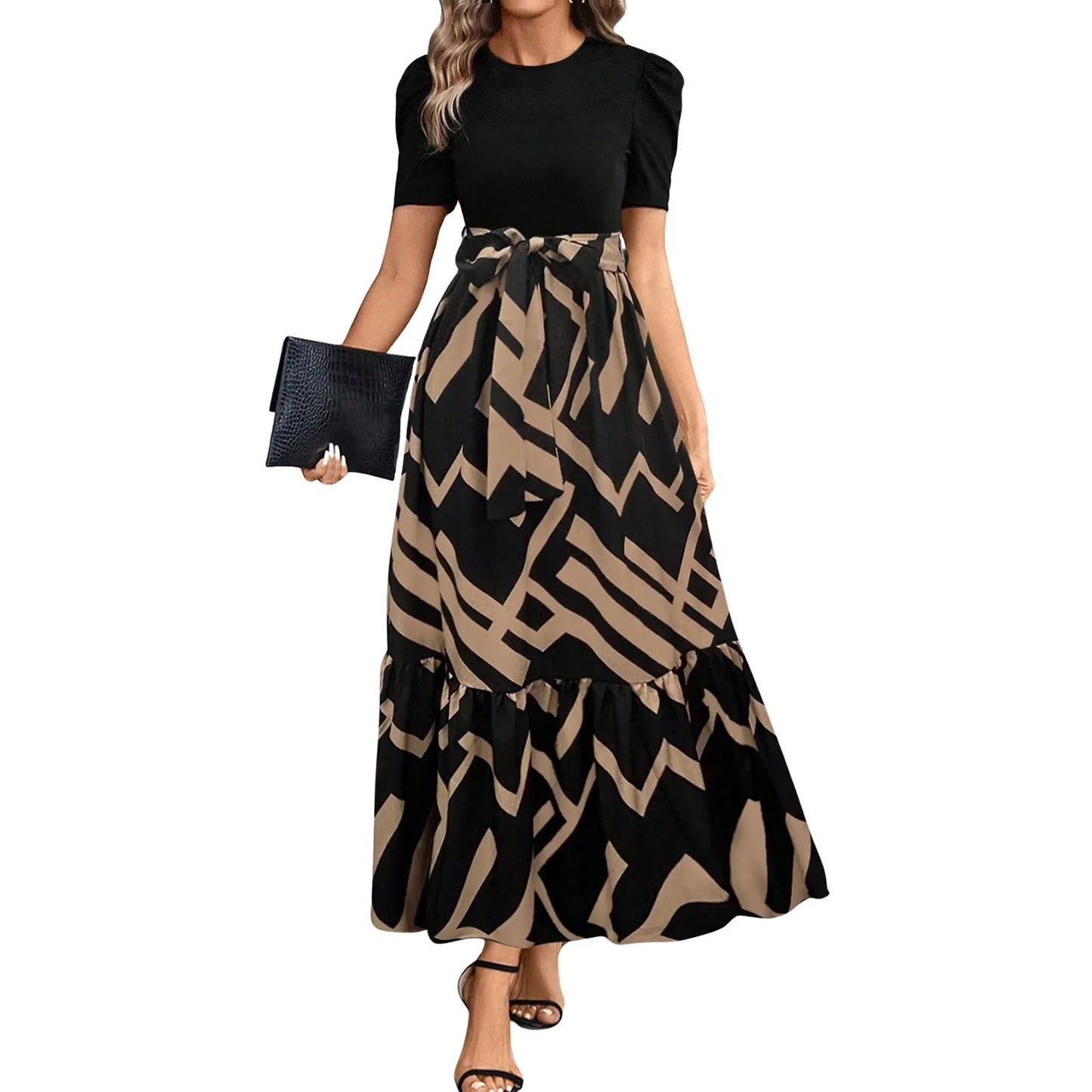 Elegant Women'S Dresses Floral Print High Waist Long Dresses Y2k Short Sleeved Round Neck Office Clothing Vestidos Para Mujer