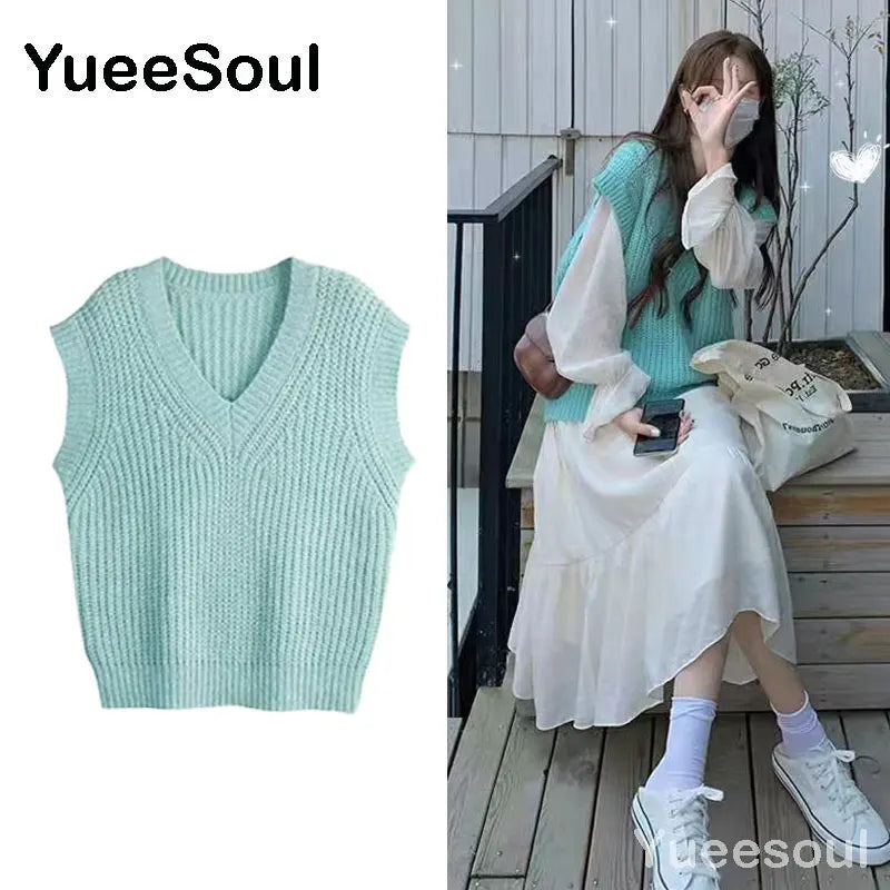 Sweet Kawaii Sweater Vest Printed Sleeveless Casual Outerwear Knitted Waistcoat 2023 Vintage Y2K Spring  E Girl Pullovers Tops