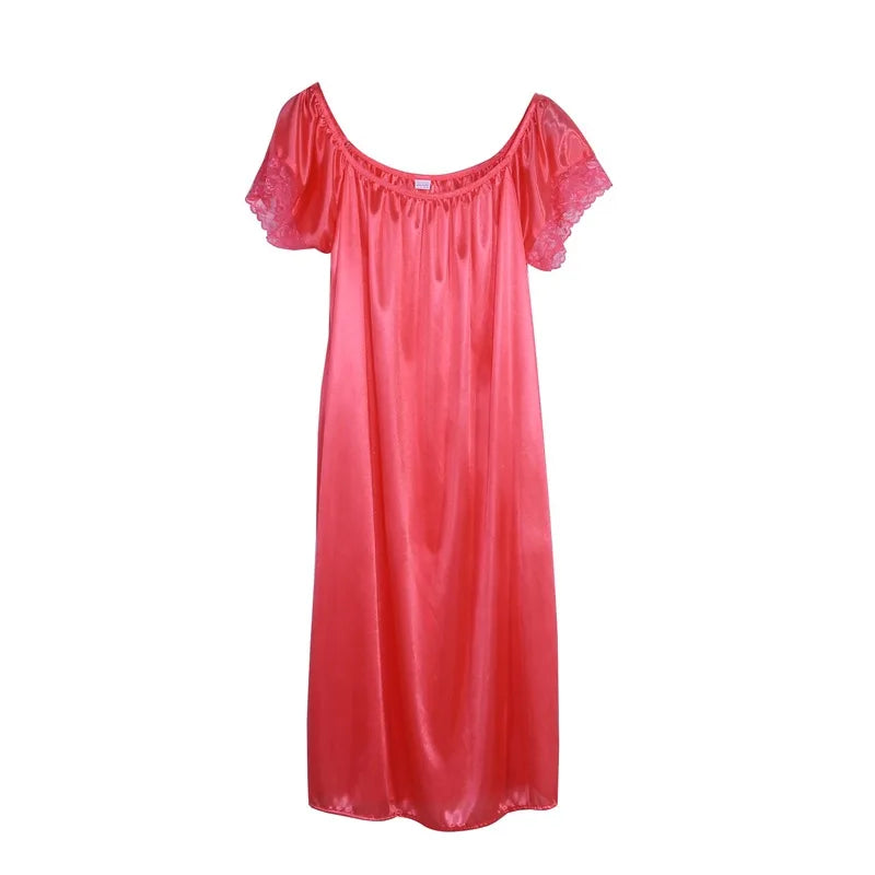 Women Night Gowns Sleepwear Lace Patchwork Nightwear Long Sleeping Dress Casual Ladies Home Dressing