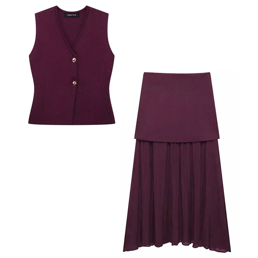HH 2025 Women Skirt Set Wine Red Knitted V-Neck Sleeveless Slim Vest +Solid High Waist Zipper Patchwork Long Skirt Street