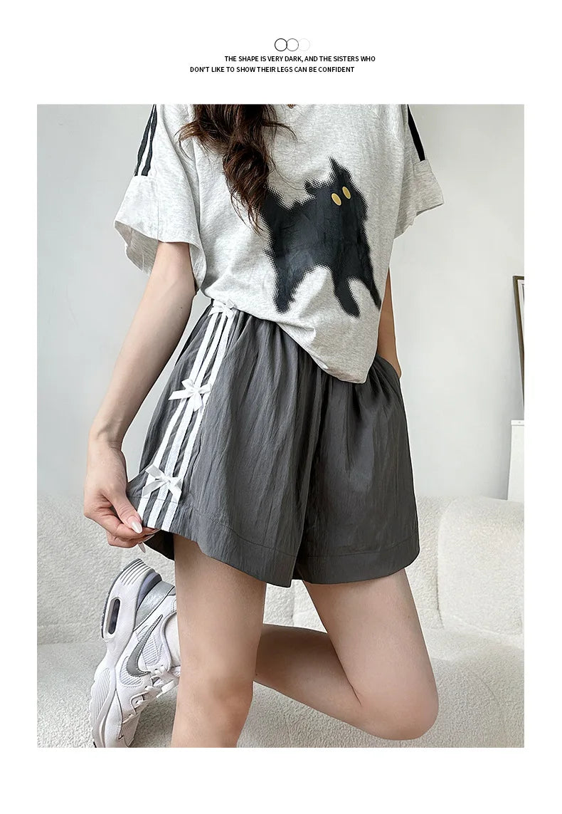 Summer Oversized Shorts Women Striped Bow Fashionable Large Wide Leg Casual Shorts Thin Quick Drying High Waist Straight Shorts