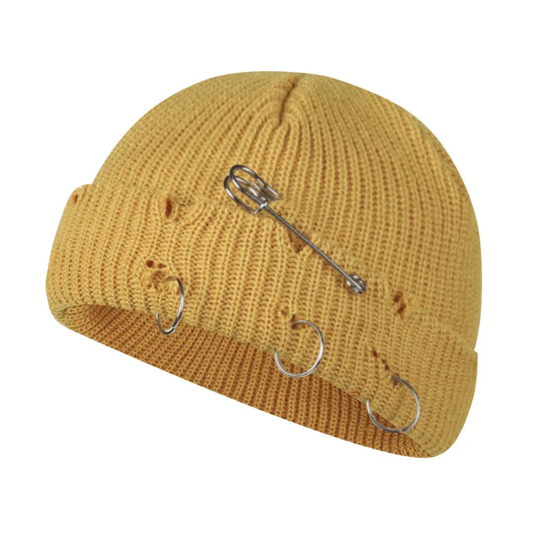 Hat for Women Autumn and Winter Ring Pin Street Hip-Hop Woolen Hats with Holes Edging Knit Cap Men's Trendy Cold-proof Beanies