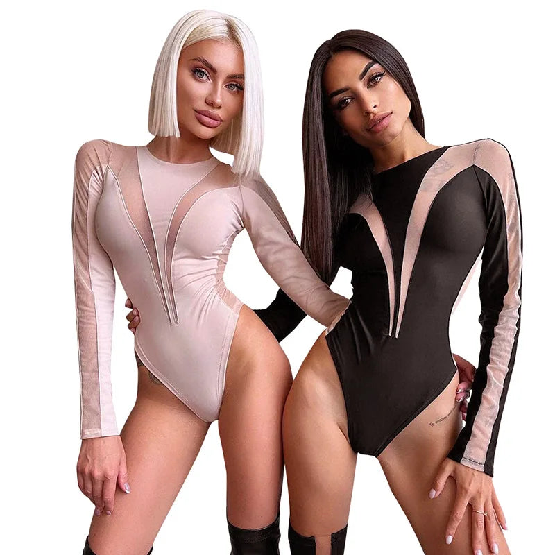 See Through Sexy Bodysuit Lingerie Long Sleeve Lenceria Tranparente One-Pieces Body Feminino Skinny Corset Top Women Rave Outfit