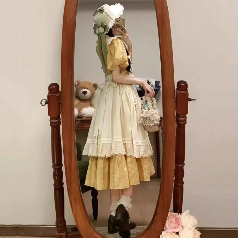 2025Spring NEW Two-piece Dress Suit French Sweet Pastoral Style Slim Square Collar Yellow Plaid Dress Women + Ruffles OuterDress