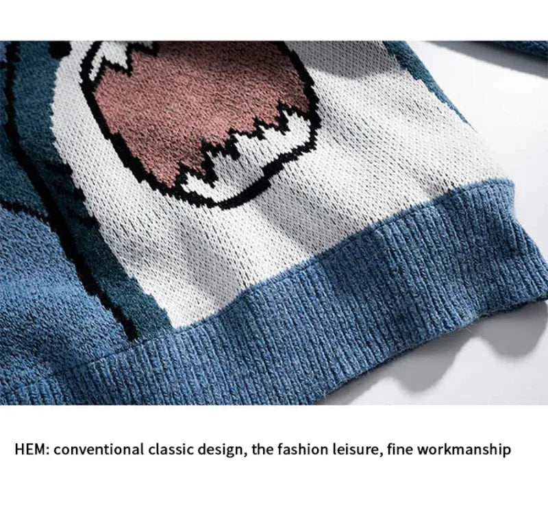 Shark Sweater Men Winter Cartoon Harajuku Korean Y2k Oversized Turtleneck Hip Hop Loose Knit Jumper Pullover High Collar Sweater