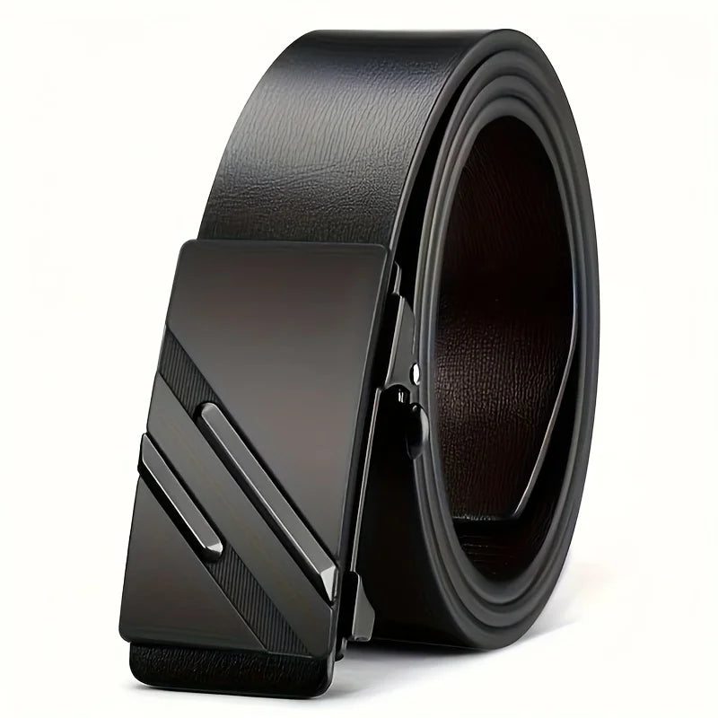 Men's belt made of synthetic leather with an automatic alloy buckle, durable and suitable for casual and semi-formal occasions.