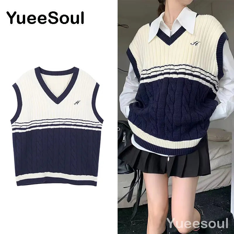 Sweet Kawaii Sweater Vest Printed Sleeveless Casual Outerwear Knitted Waistcoat 2023 Vintage Y2K Spring  E Girl Pullovers Tops