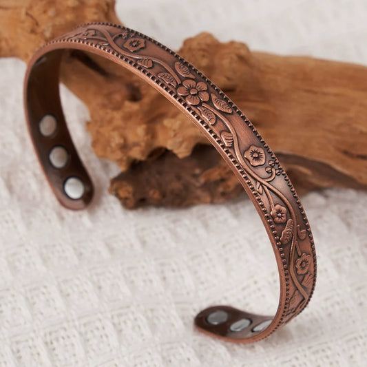 Magnetic Bracelet Retro Flower Ring Bracelet Set Adjustable Men's and Women's Plated Ancient Red Copper Magnetic Bracelet