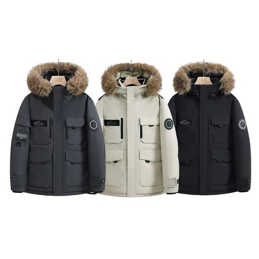 New winter jackets for men with hoods and leather collars. New high-quality waterproof jackets for men. Casual and warm jackets