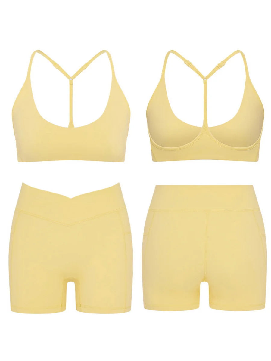 Women's Yoga Suit High Elasticity Naked Breathable Elastic Cross Waist Shorts Hanging Neck Bra Beautiful Back Gym Exercise Set