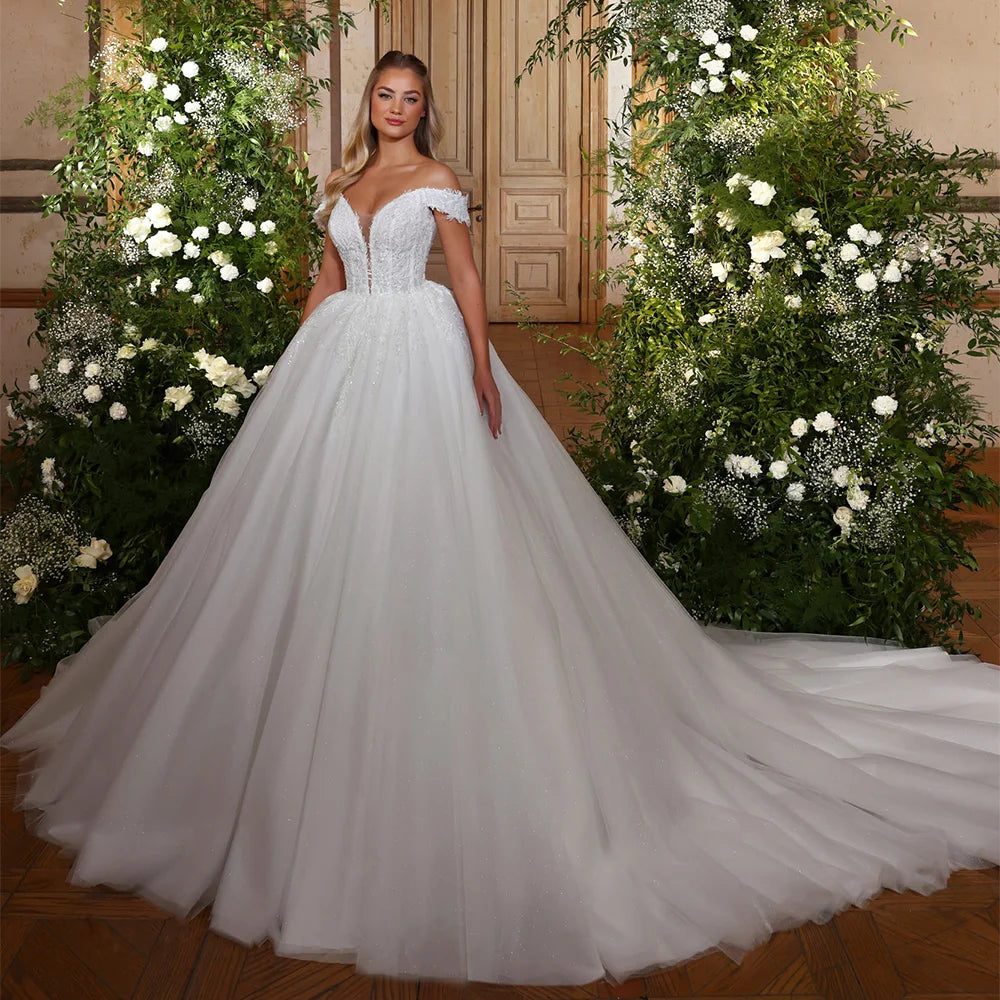 Ball Gown Wedding Dresses for Woman Bride Customized Deep V Neck Off The Shoulder Sequined Applique Court Train Bridal Dresses