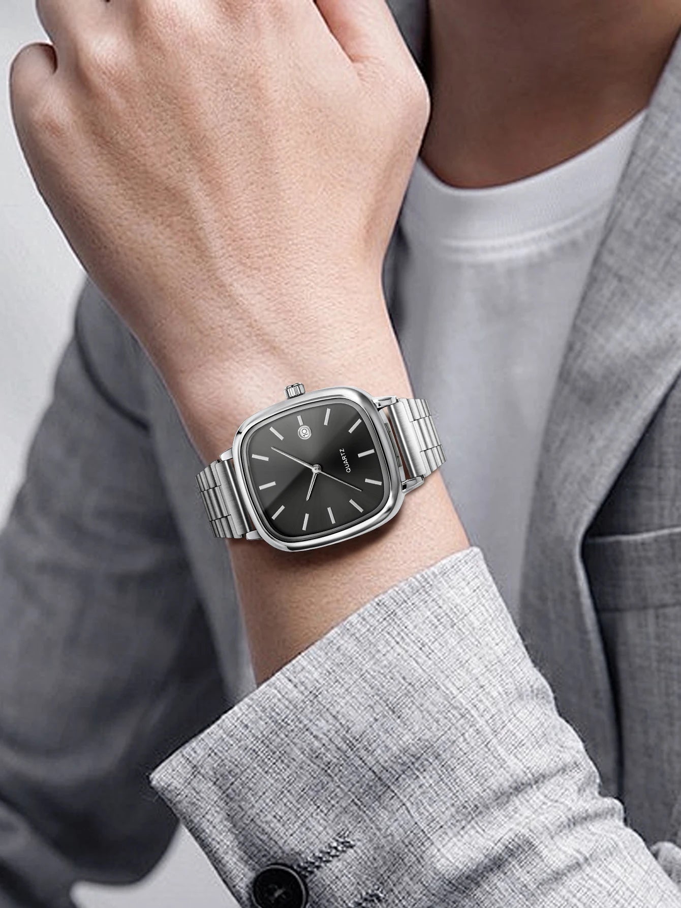 LUCKY FOX Modern minimalist square watch Business mens metal watch stainless steel chain multi-scene commuter watch