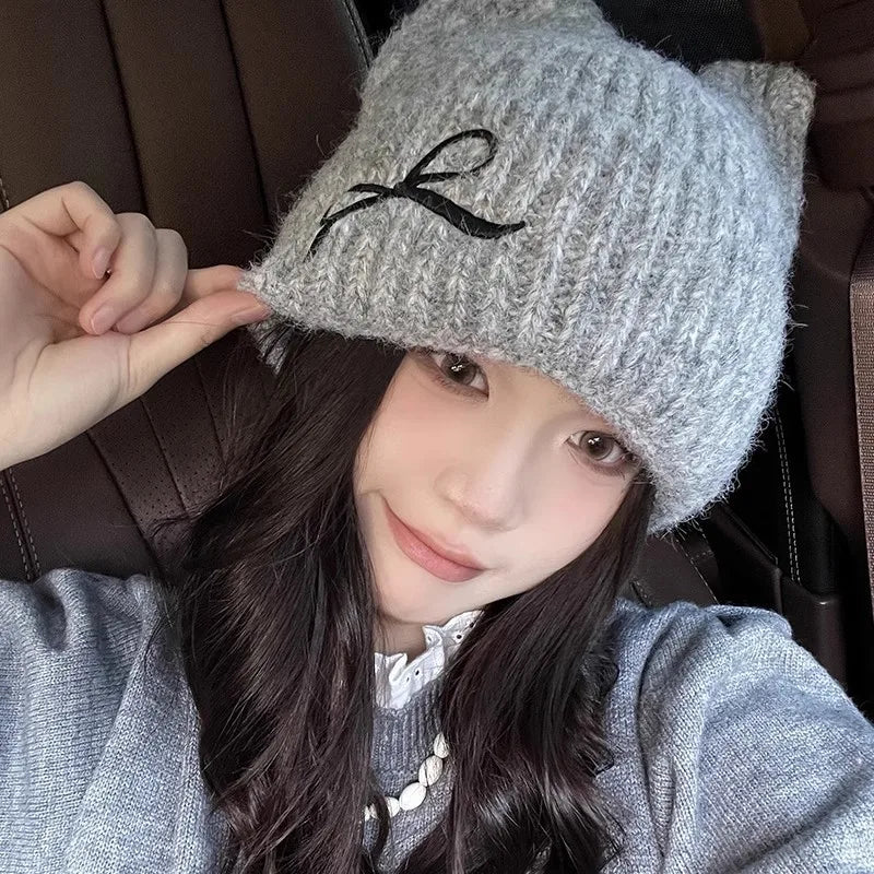 Hat for Women Cute Cat Ears Autumn Winter New Knitted Hat Winter Warm Embroidered Face Slimming Beanie Wool Hat