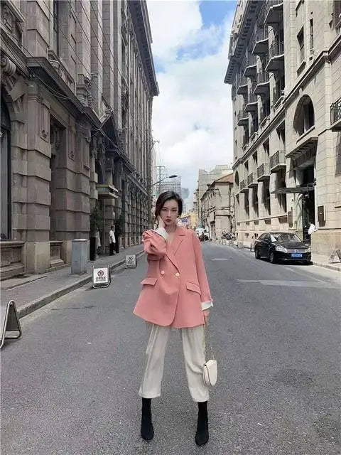 Long Blazers Woman Spring Casual Office Lady Lapel Double-breasted Slim-fit Elegant Solid Color Fashion Outerwear Minimalist