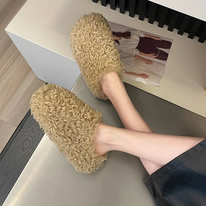 Shoes Woman 2025 Cover Toe Slippers Casual Platform Fur Flip Flops Pantofle Luxury Plush New Slides Shoes Woman 2024 Plush Slipp