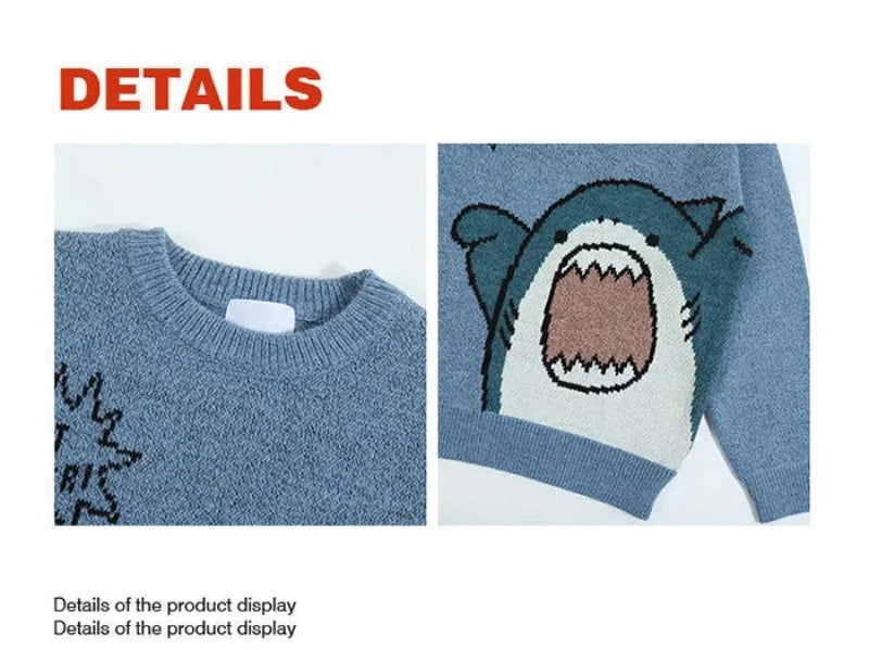 Shark Sweater Men Winter Cartoon Harajuku Korean Y2k Oversized Turtleneck Hip Hop Loose Knit Jumper Pullover High Collar Sweater