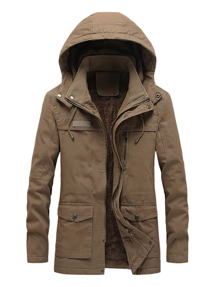 Winter Fleece Jackets Men Hooded Warm Thick Parkas Male Multi Pocket Cargo Jacket Coats Fashion Casual Outerwear Mens Clothing