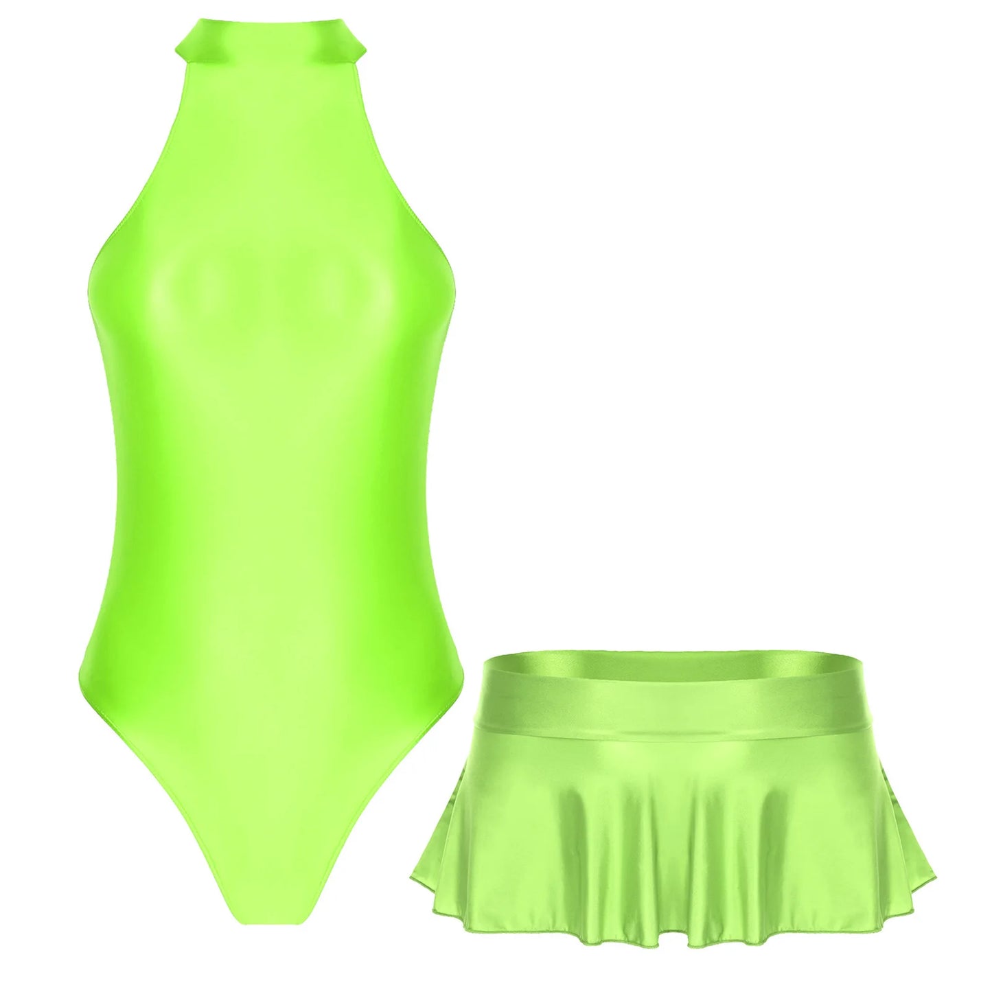 Women Glossy Bodysuit Swimsuit Set Elastic Sleeveless High Cut Leotard with Ruffled Mini Skirt Swimming Bathing Suit Swimwe﻿ar