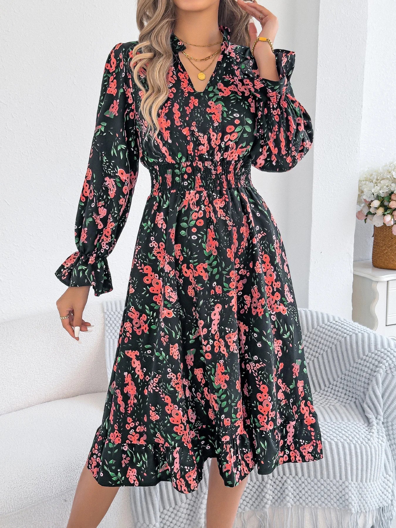 Elegant Floral Print Dresses Women 2025 Autumn Winter V Neck Flare Long Sleeve Ruffled A Line Dress