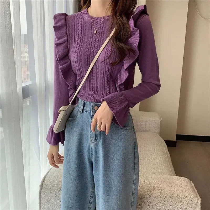 Ladies Sweaters Pullovers Round O Neck Grey Knitted Top for Women Jersey Winter 2025 Jumper Economics Long Sleeve Thermal Blouse