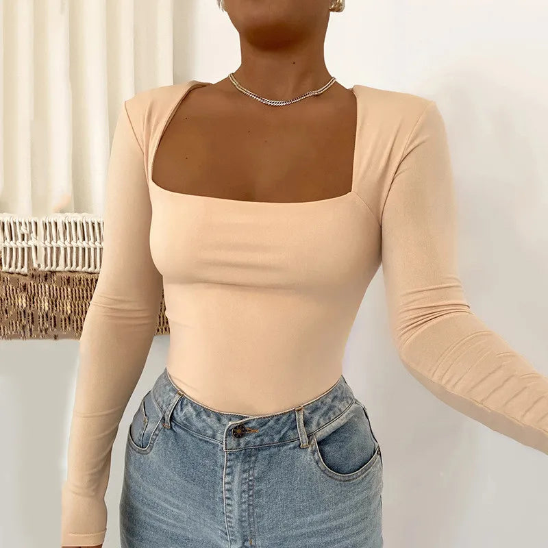 Sexy Bodysuit Long Sleeve Women Body Streetwear Drop shipping Fore Fair Bodycon Square Neck Sheath Crotch Basic Overalls