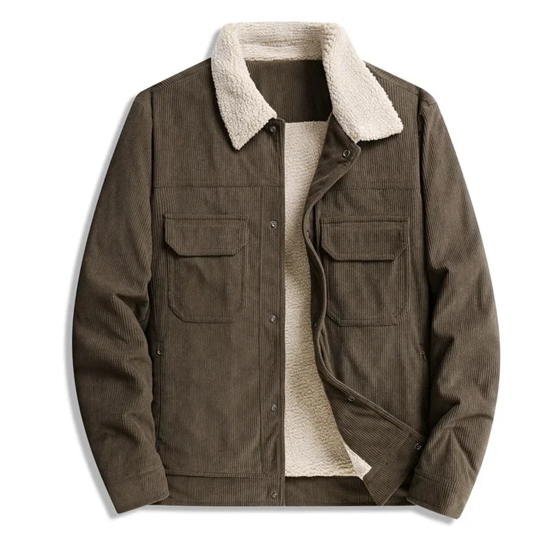 Winter Jackets Men Casual Fleece Warm Turn Down Collar Corduroy Coat Fashion Solid Color Outerwear Coats Daily Mens Clothing