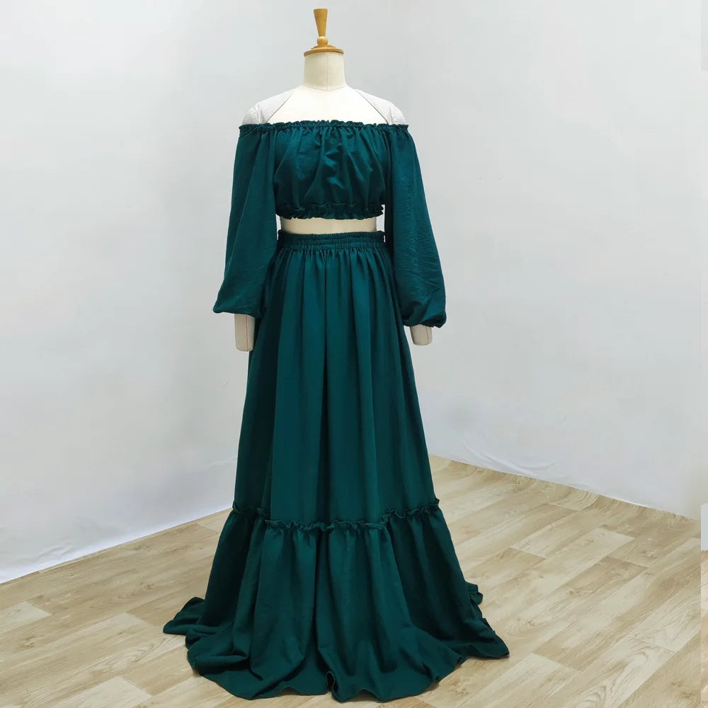 Maternity Photography Dresses Soft Cotton-Like Dress V-neck Tie Up Top A-line Skirt Two-Piece Set Clothes For Pregnant W