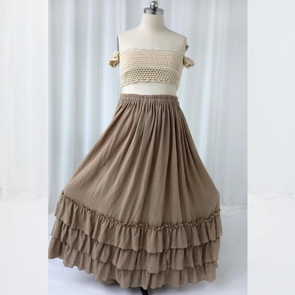 Knitted Bra&Linen Cotton Three-Layer Lace Boho Style Dress Two-Piece Set Photography Dress For Women Photography Props Dress