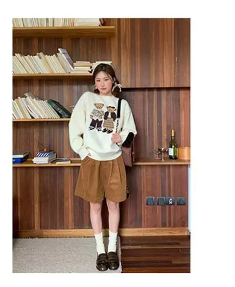 Sweater cartoon small bag core yarn needle retro women's  loose round neck knitted sweater new print black