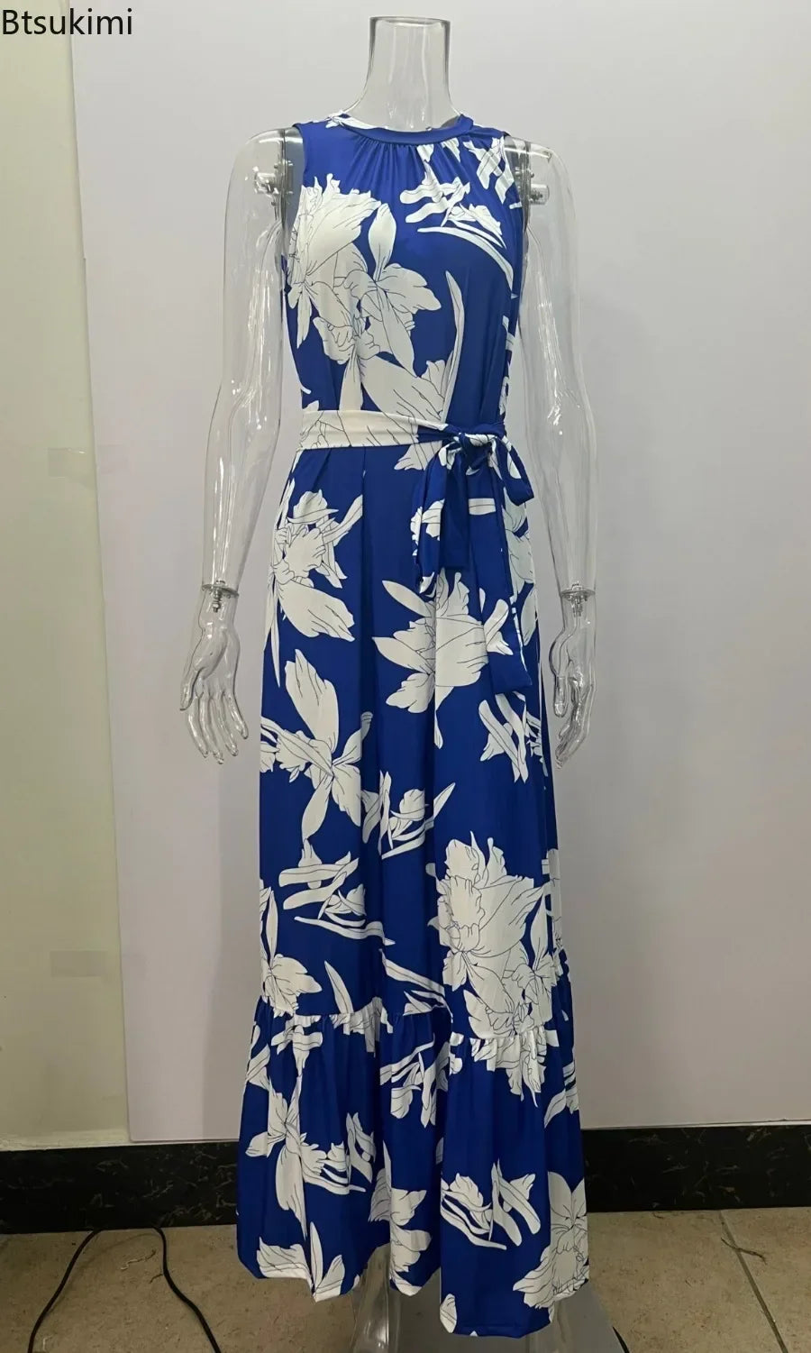 2025 Women's Elegant Floral Print Long Dresses Spring Summer Lace up Print Strap Dress Holiday Beach Female Robe Vesido Mujer