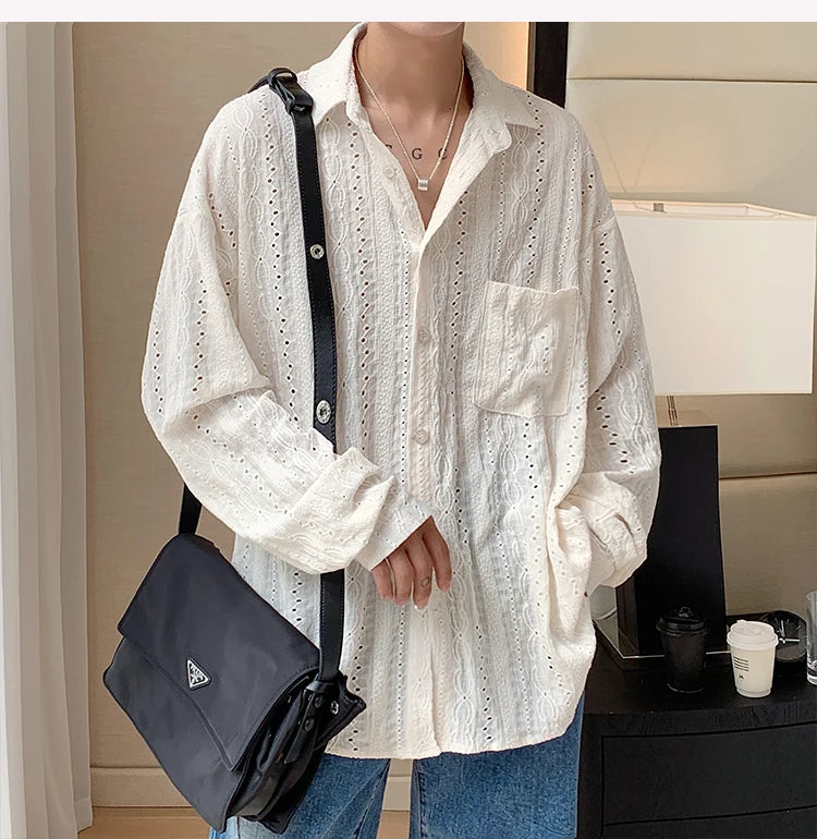 Shirts for Men Hollow Out Lapel Men Blouse Vacation Sexy Handsome Fashion Men Clothing Mesh Long-sleeved Shirts Black/Apricot