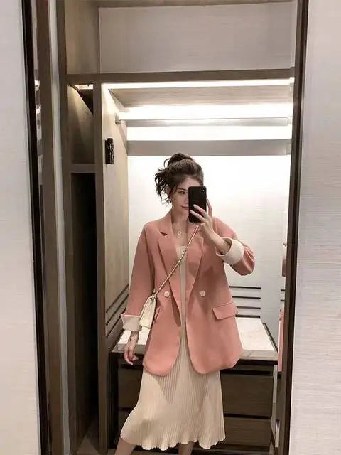 Long Blazers Woman Spring Casual Office Lady Lapel Double-breasted Slim-fit Elegant Solid Color Fashion Outerwear Minimalist